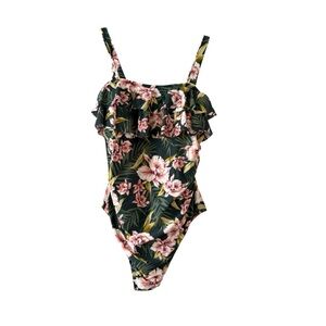 Kona Sol Green and Pink One Piece Swimsuit with Ruffle Detail